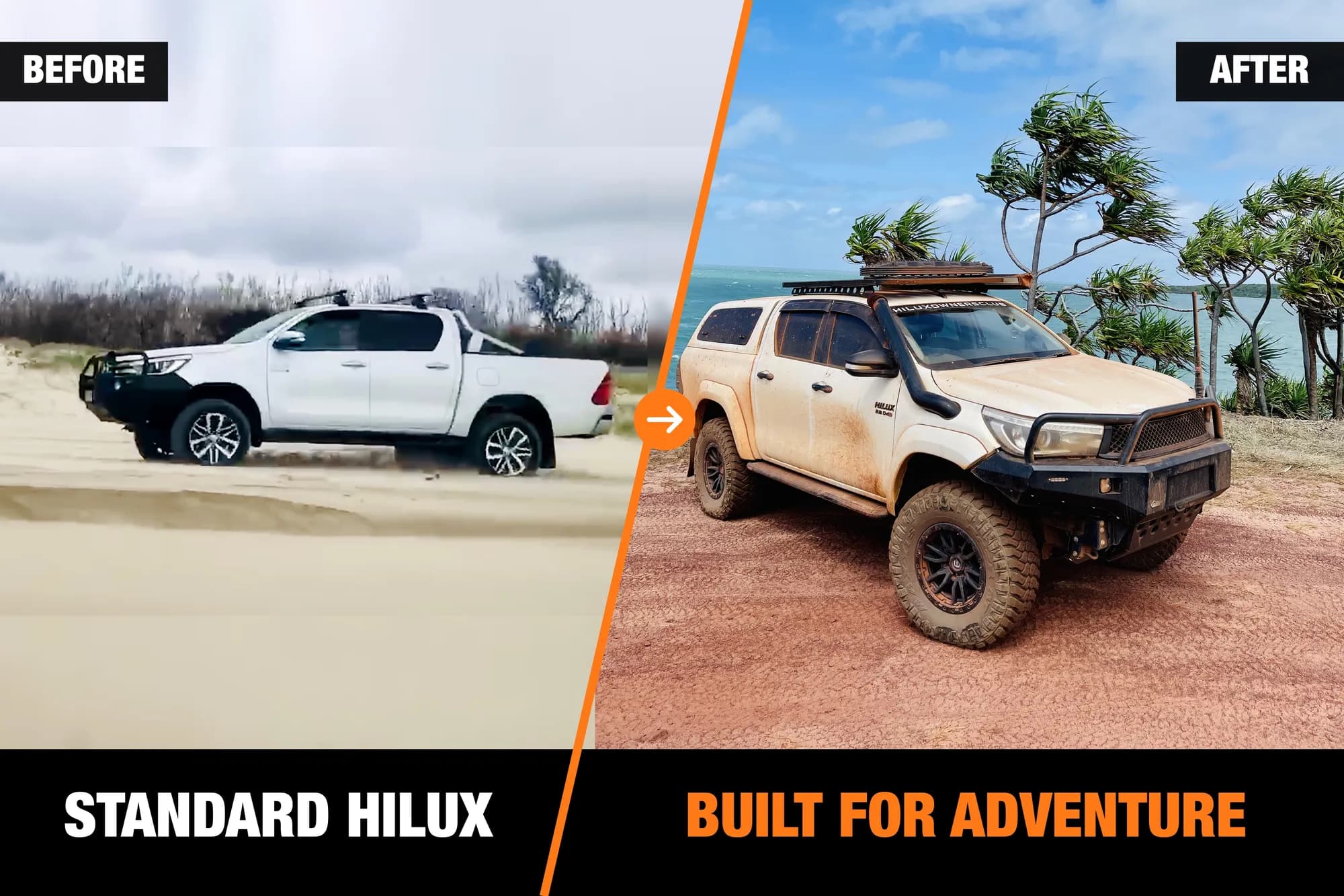 Before and after: a standard white Hilux on the sand beside the same Hilux built for adventure on a clifftop track